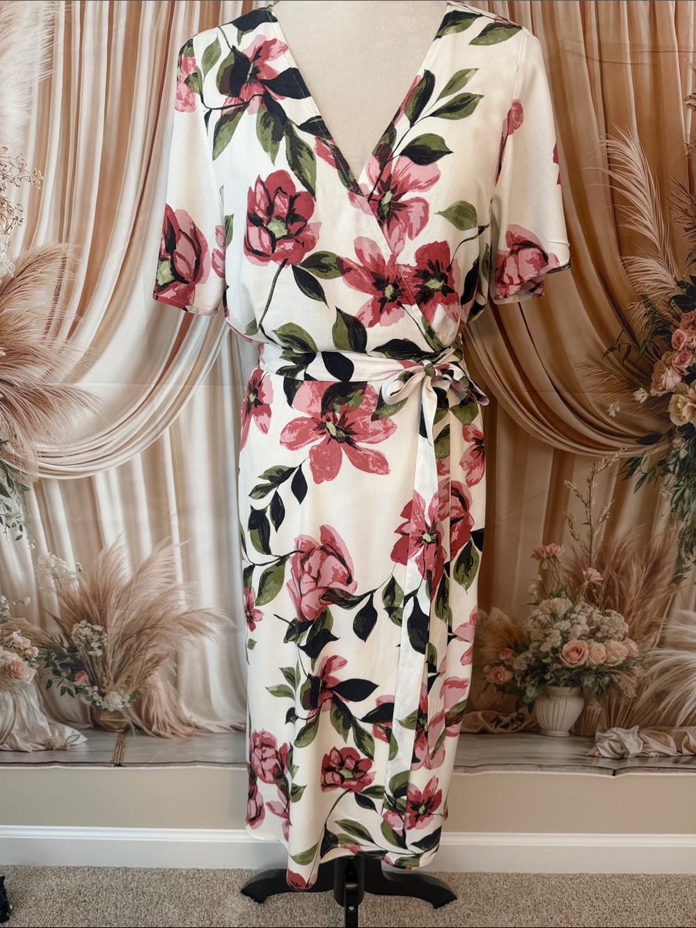 Lulu's White Midi Dress with Pink Floral Print